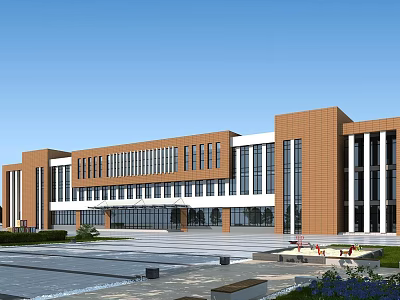 Modern School Building With Red Brick Exterior White Columns And Front Plaza 3d model