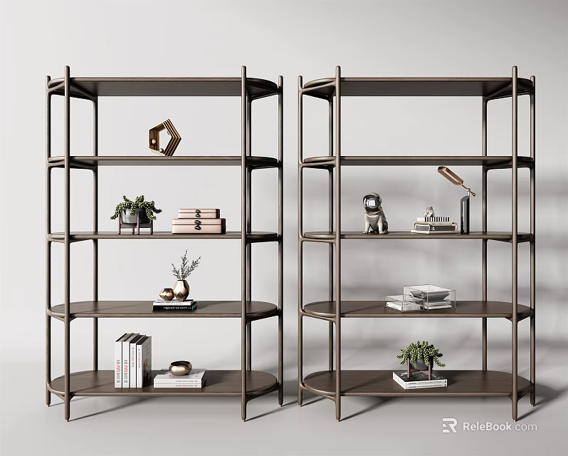 Two Modern Bookcases With Multitiered Shelves Holding Books Decorative Items Plants And Table Lamp 3d model 