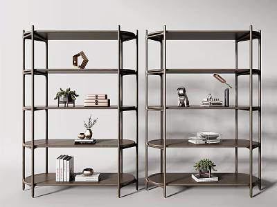 Two Modern Bookcases With Multitiered Shelves Holding Books Decorative Items Plants And Table Lamp 3d model