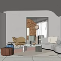Modern Living Room Interior With Curved Sofa Brick Wall Round Pendant Light And Large Windows