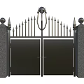 Black Iron Gate Double Panel Design With Decorative Spikes and Stone Pillars