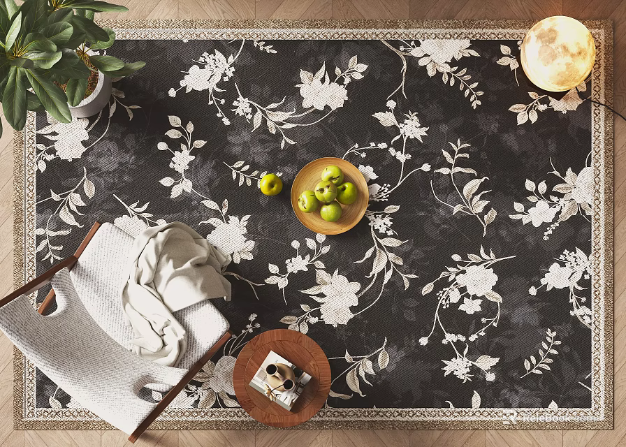 Black Square Rug with White Floral Leaf Pattern and Beige Border for Living Room Decor 3d model 