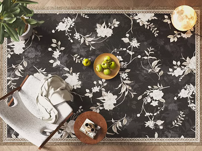 Black Square Rug with White Floral Leaf Pattern and Beige Border for Living Room Decor 3d model