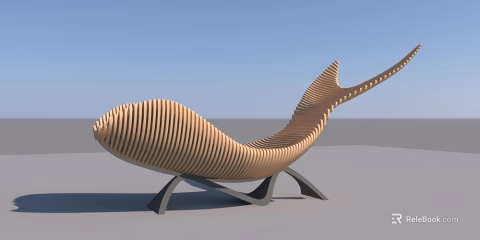 Whale Shaped Landscape Seat With Wooden Slats And Curved Metal Base 3d model 
