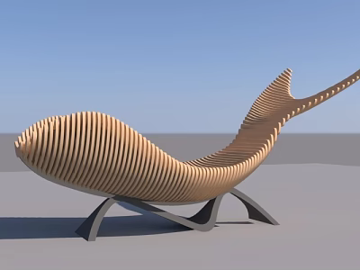 Whale Shaped Landscape Seat With Wooden Slats And Curved Metal Base 3d model