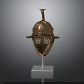 Medieval Golden Weapon Helmet With Decorative Details On White Display Stand