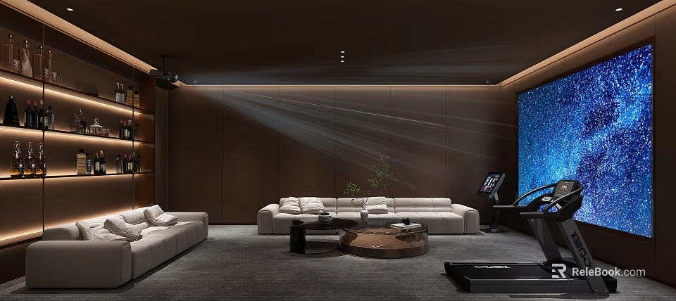 Luxurious Home Theater Interior With Large Sectional Sofa Projection Beam And Coffee Tables 3d model 