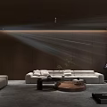 Luxurious Home Theater Interior With Large Sectional Sofa Projection Beam And Coffee Tables