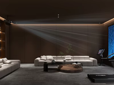 Luxurious Home Theater Interior With Large Sectional Sofa Projection Beam And Coffee Tables 3d model