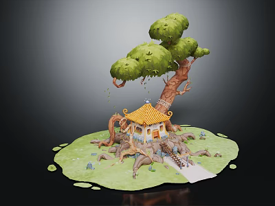 Traditional Chinese Architecture With Yellow Roof And Surrounding Green Tree Grassland Pathway 3d model