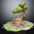 Traditional Chinese Architecture With Yellow Roof And Surrounding Green Tree Grassland Pathway