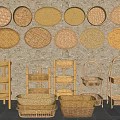 Decorative Ceramic Plates and Baskets Displayed on Shelves Against Gray Wall with Stone Floor