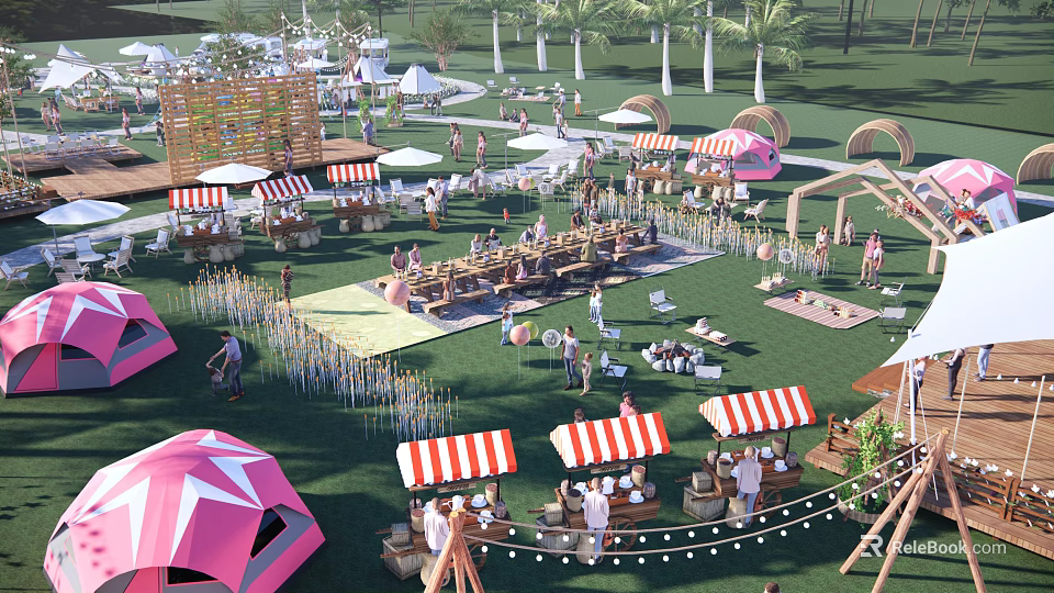 Vibrant Camping Site With Colorful Tents Striped Canopies Grass Area And Outdoor Activities 3d model 