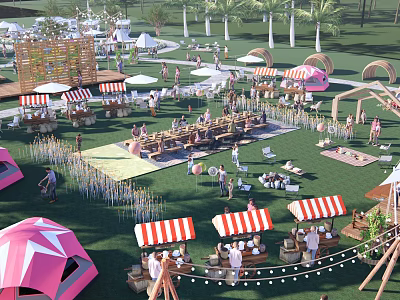Vibrant Camping Site With Colorful Tents Striped Canopies Grass Area And Outdoor Activities 3d model