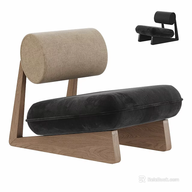 Modern Accent Chair With Round Beige Backrest And Black Velvet Seat On Wooden Oak Frame 3d model 