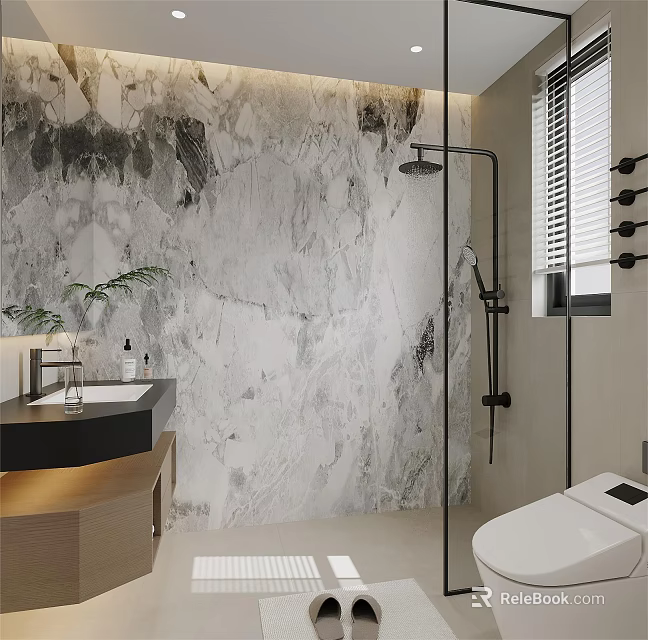 Modern Bathroom Interior With Marble Wall Shower Area Vanity And Toilet 3d model 