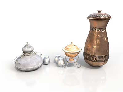 Traditional Metal Containers with Lids Various Sizes Silver Copper Decorative Patterns 3d model