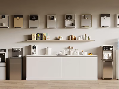 Modern Household Electrical Appliances In Open Kitchen With Counter And Shelves 3d model