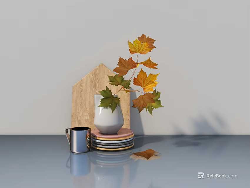 Tableware Set with White Vase Maple Leaves Colorful Plates Silver Mug on Light Blue Tabletop 3d model
