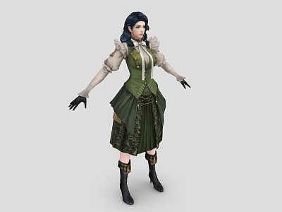 Woman With Dark Blue Hair Wearing Green Vest White Lace Sleeves Black Gloves Long Boots 3d model