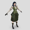 Woman With Dark Blue Hair Wearing Green Vest White Lace Sleeves Black Gloves Long Boots