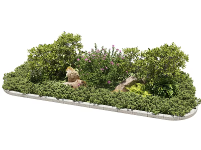 Roadside Curb With Green Plants Shrubs Pink Flowers And Stones Landscaping Layout 3d model