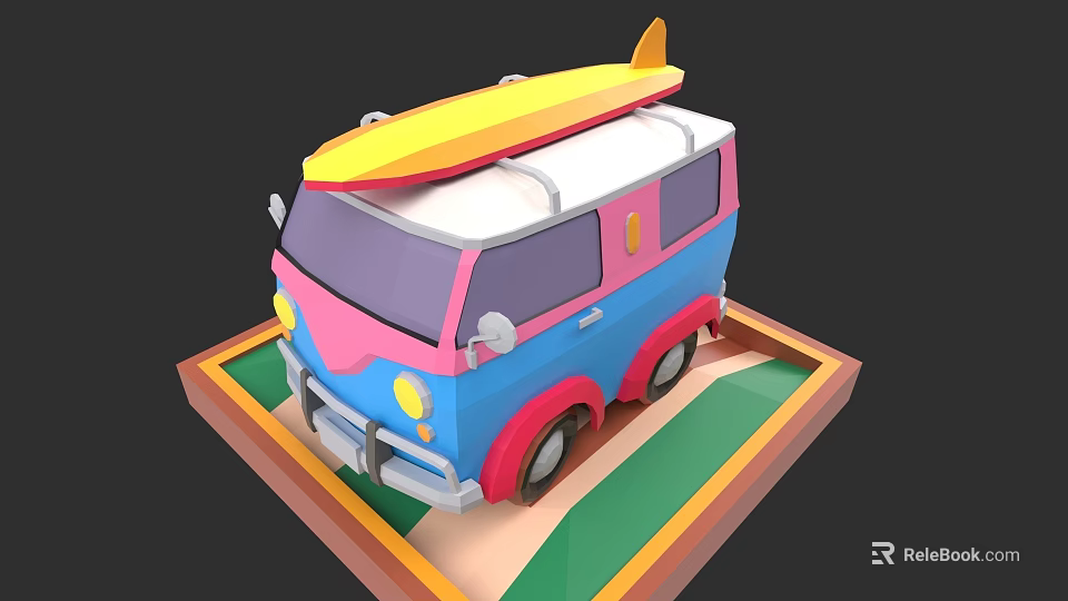 Colorful Cartoon Bus With Surfboard On Roof Vibrant Exterior And Platform Base 3d model 