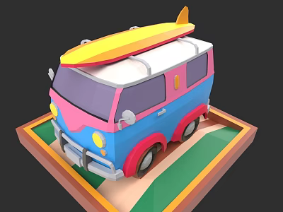 Colorful Cartoon Bus With Surfboard On Roof Vibrant Exterior And Platform Base 3d model