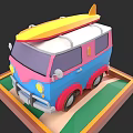 Colorful Cartoon Bus With Surfboard On Roof Vibrant Exterior And Platform Base