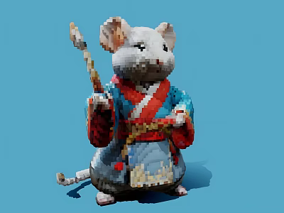Pixel Art Mouse Decorative Ornament Set With Traditional Costume And Long Staff 3d model
