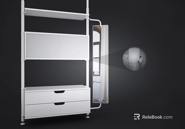 Modern White Wardrobe with Open Shelves Closed Cabinets Drawers and Metal Legs 3d model 