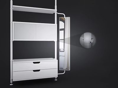 Modern White Wardrobe with Open Shelves Closed Cabinets Drawers and Metal Legs 3d model