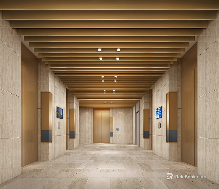 Elegant Elevator Corridor With Golden Ceiling Beams Beige Walls Elevator Doors And Screens 3d model