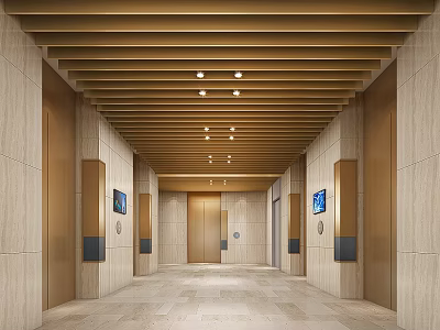 Elegant Elevator Corridor With Golden Ceiling Beams Beige Walls Elevator Doors And Screens 3d model