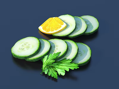 Healthy Fresh Vegetables Arrangement With Sliced Cucumber Parsley And Orange Slice On Dark Surface 3d model