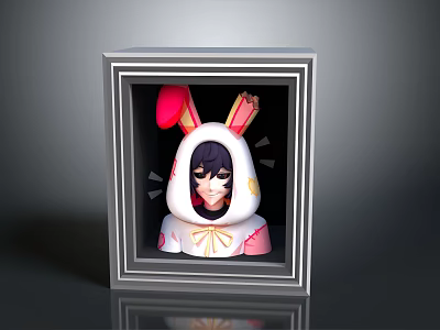Anime Style Game Character In Rabbit Hoodie With Black Hair And Pink Ears 3d model