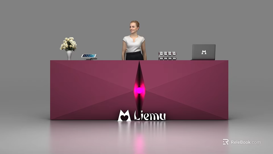 Maroon Reception Desk With Liemu Logo And Receptionist With Vase Tablet Laptop 3d model 