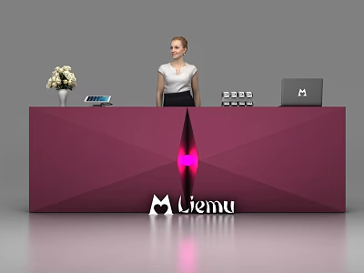 Maroon Reception Desk With Liemu Logo And Receptionist With Vase Tablet Laptop 3d model