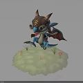 Cute Horned Dragon With Goggles Blue Body Red Wings On Green Grass And Flowers