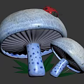 Decorative Mushroom Ornament Set With Ladybug White Caps Blue Dotted Stems And Green Leaves