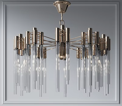 Modern Luxurious Chandelier with Golden Frame and Transparent Glass Rods 3d model