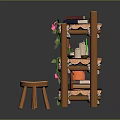 Wooden Bookshelf with Books Vines Pink Flowers Mugs and Small Stool