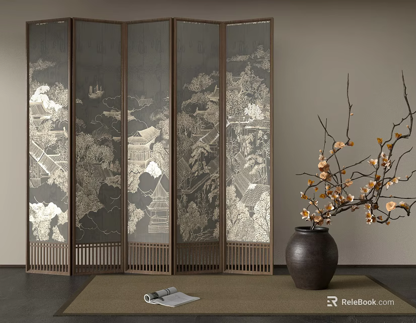 Traditional Chinese Room Divider Screen With Landscape Art In Interior Space 3d model 