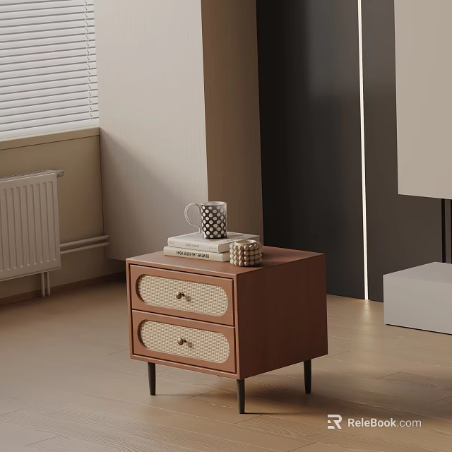 Wooden Side Table with Two Woven Texture Drawers Mug Books and Decorative Box Near Window 3d model 