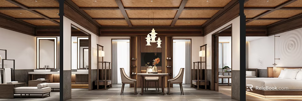 Chinese Style Hotel Guest Room Interior With Wooden Ceiling Hanging Lamps And Dining Table Chairs 3d model 