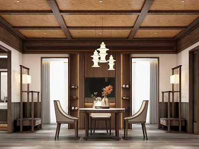 Chinese Style Hotel Guest Room Interior With Wooden Ceiling Hanging Lamps And Dining Table Chairs 3d model