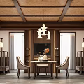 Chinese Style Hotel Guest Room Interior With Wooden Ceiling Hanging Lamps And Dining Table Chairs