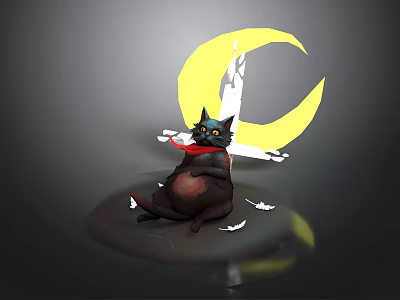 Black Cat With Red Scarf Sitting Under Yellow Crescent Moon With White Birds 3d model