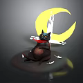 Black Cat With Red Scarf Sitting Under Yellow Crescent Moon With White Birds