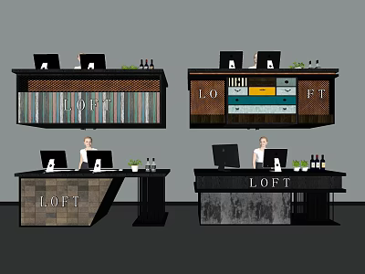 LOFT Style Reception Desk Design With Modern Wooden Panels And Storage Shelves 3d model